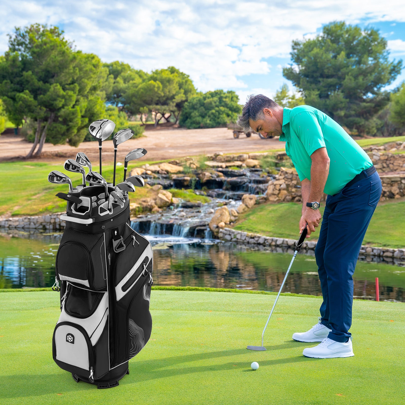 Molded Lock Top Golf Cart Bag with 14-Way Full Length Dividers and 11 Pockets-Gray