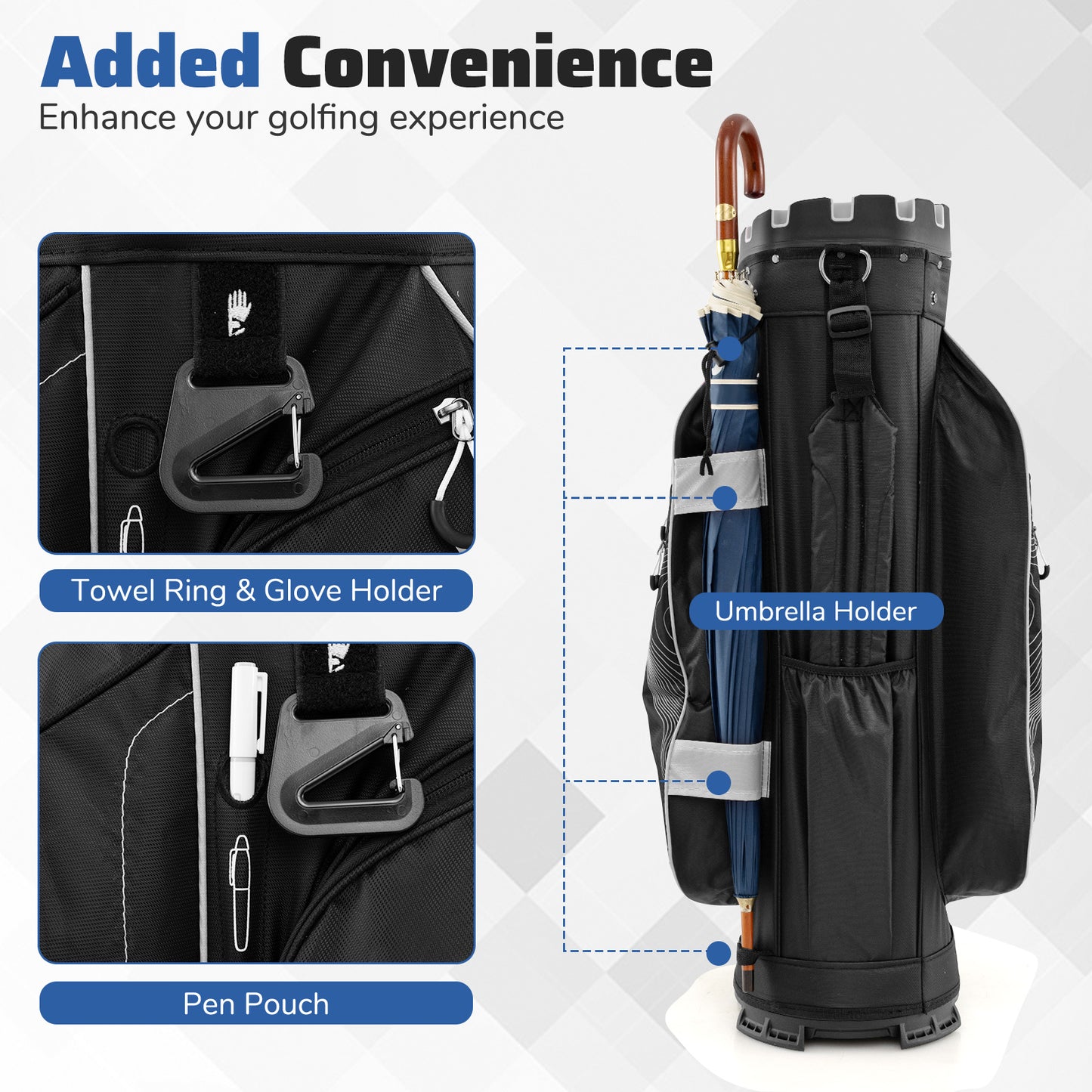 Molded Lock Top Golf Cart Bag with 14-Way Full Length Dividers and 11 Pockets-Gray
