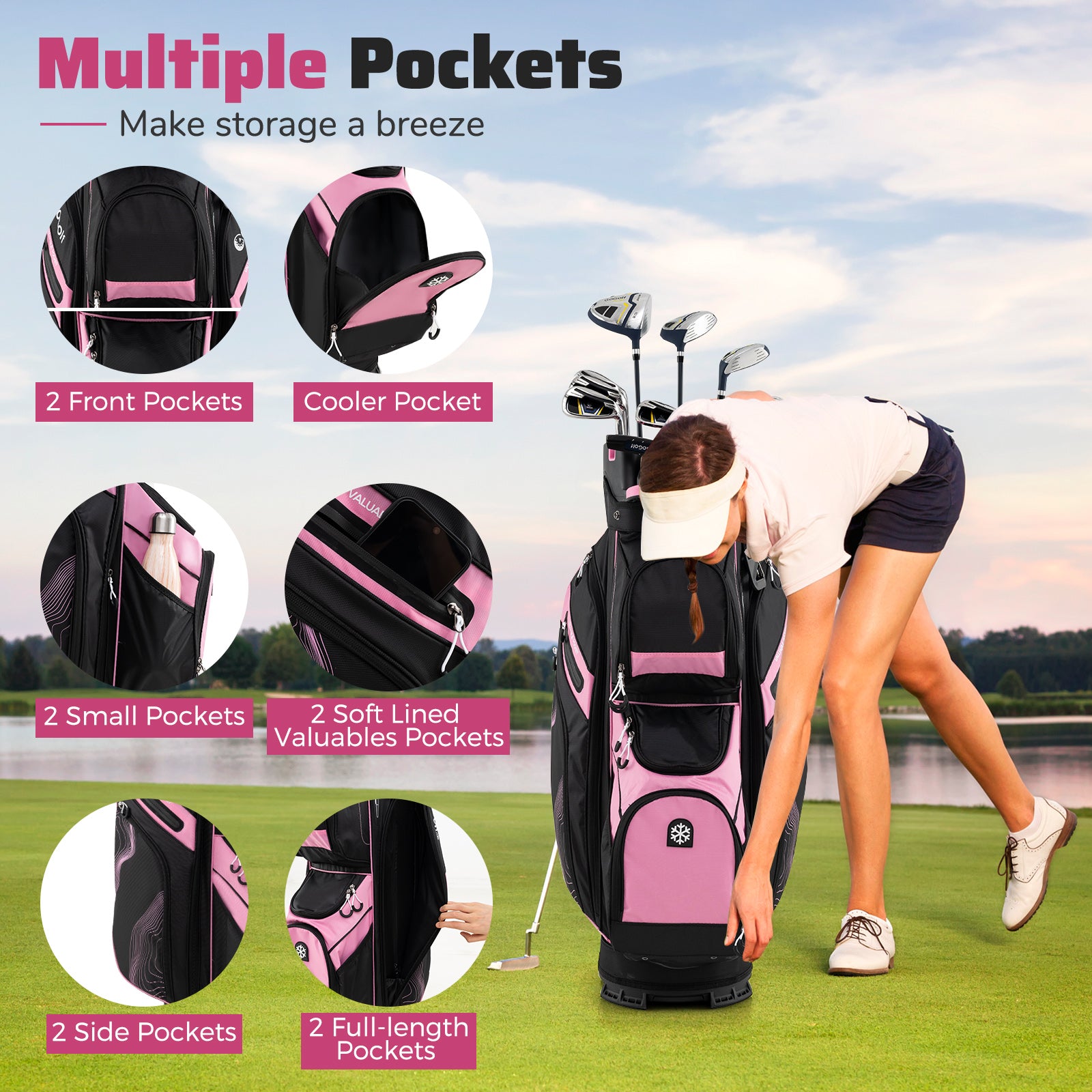 Molded Lock Top Golf Cart Bag with 14-Way Full Length Dividers and 11 Pockets-Pink