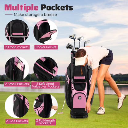 Molded Lock Top Golf Cart Bag with 14-Way Full Length Dividers and 11 Pockets-Pink