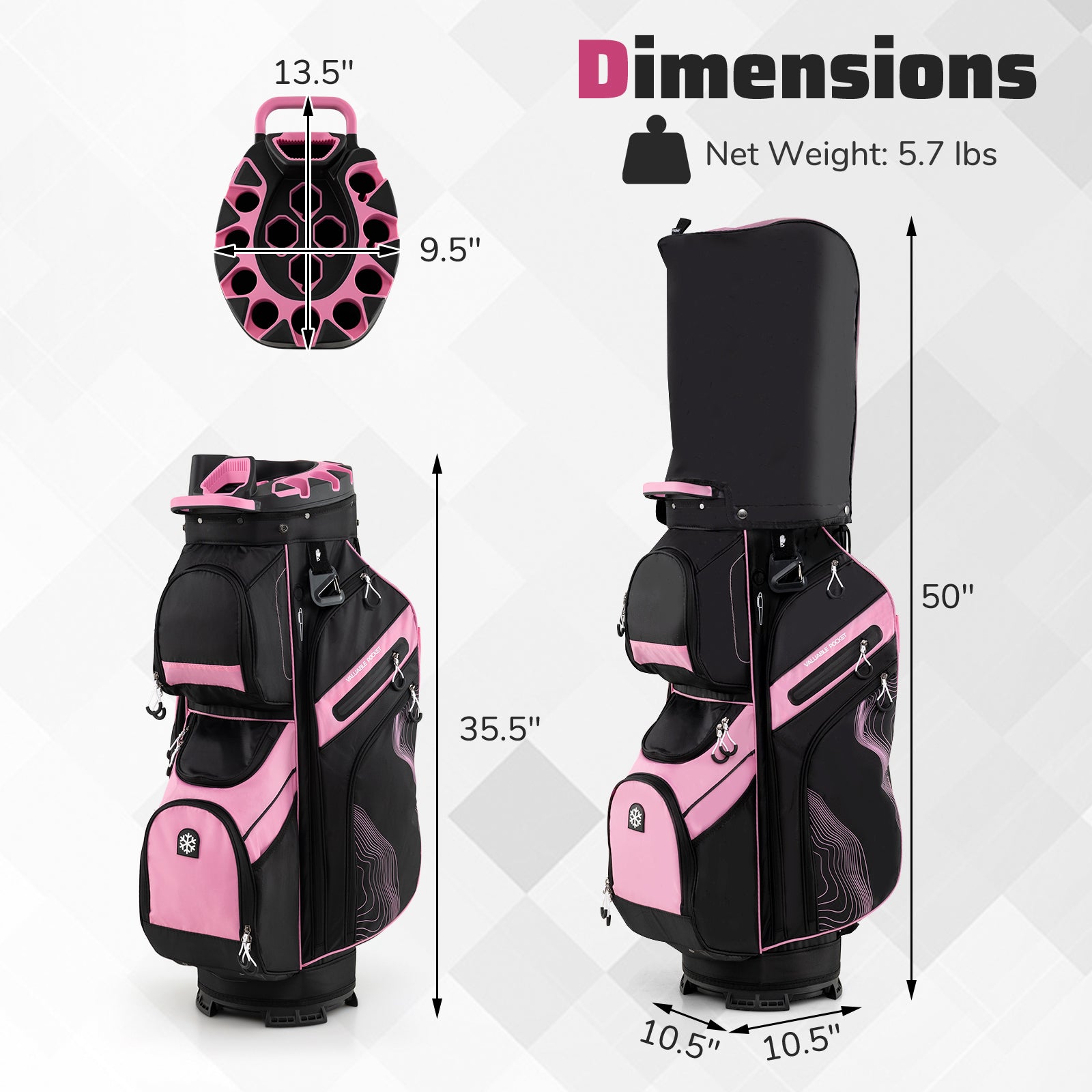 Molded Lock Top Golf Cart Bag with 14-Way Full Length Dividers and 11 Pockets-Pink