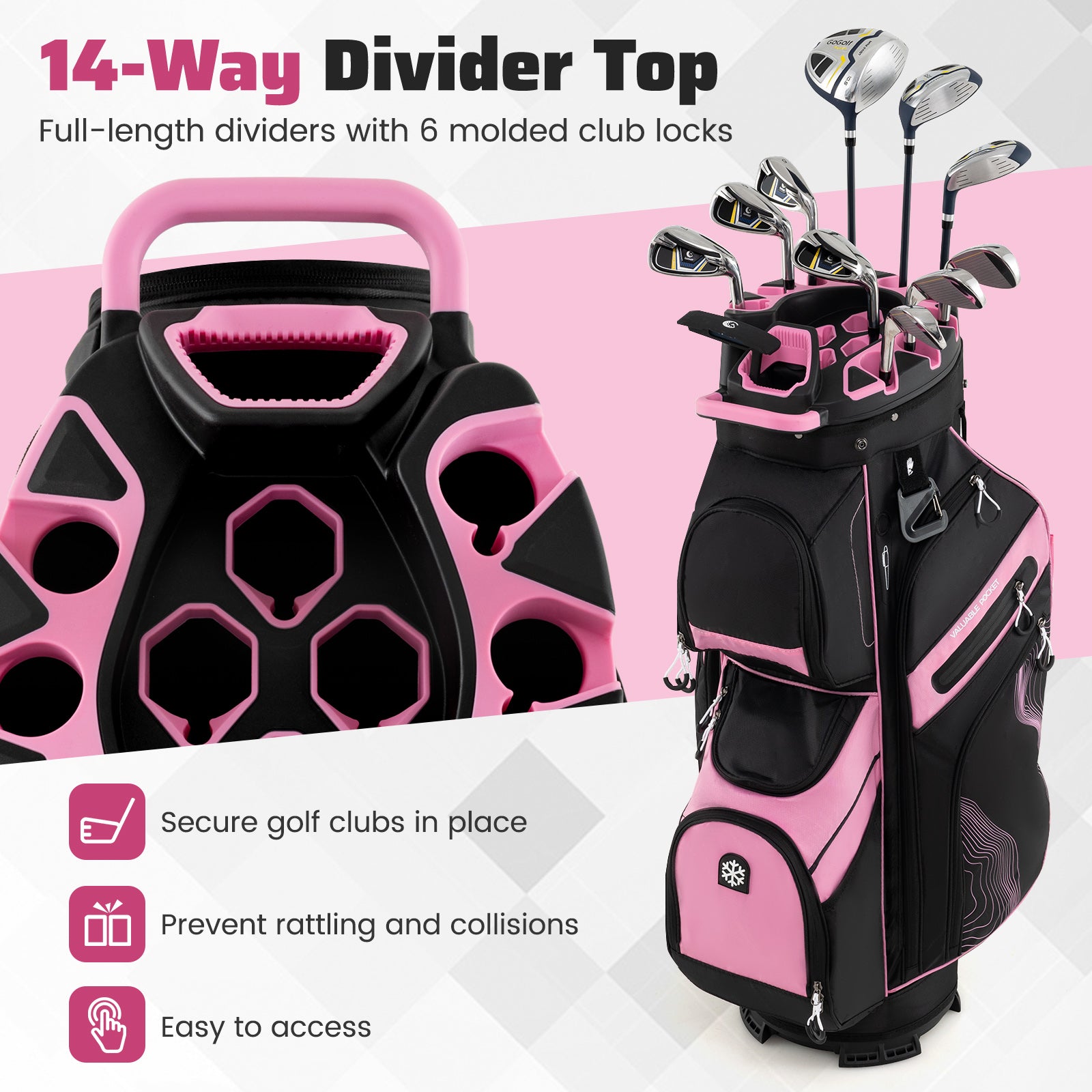 Molded Lock Top Golf Cart Bag with 14-Way Full Length Dividers and 11 Pockets-Pink
