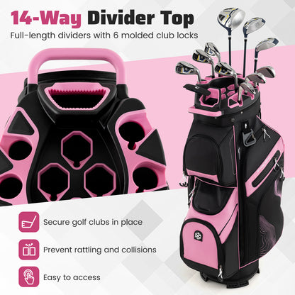 Molded Lock Top Golf Cart Bag with 14-Way Full Length Dividers and 11 Pockets-Pink