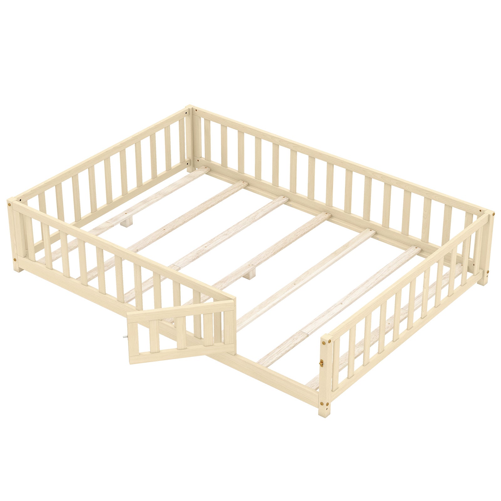 Montessori Bed Frame with Full-length Guardrails Safety Door and Latch-White - Natural