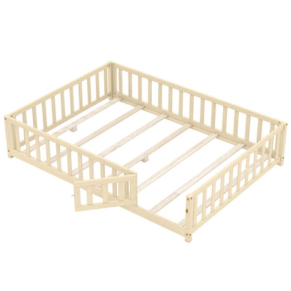 Montessori Bed Frame with Full-length Guardrails Safety Door and Latch-White - Natural