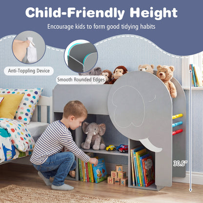 Montessori Bookshelf with Elephant Shape 3-Tier Toddler Toy Storage Organizer-Grey