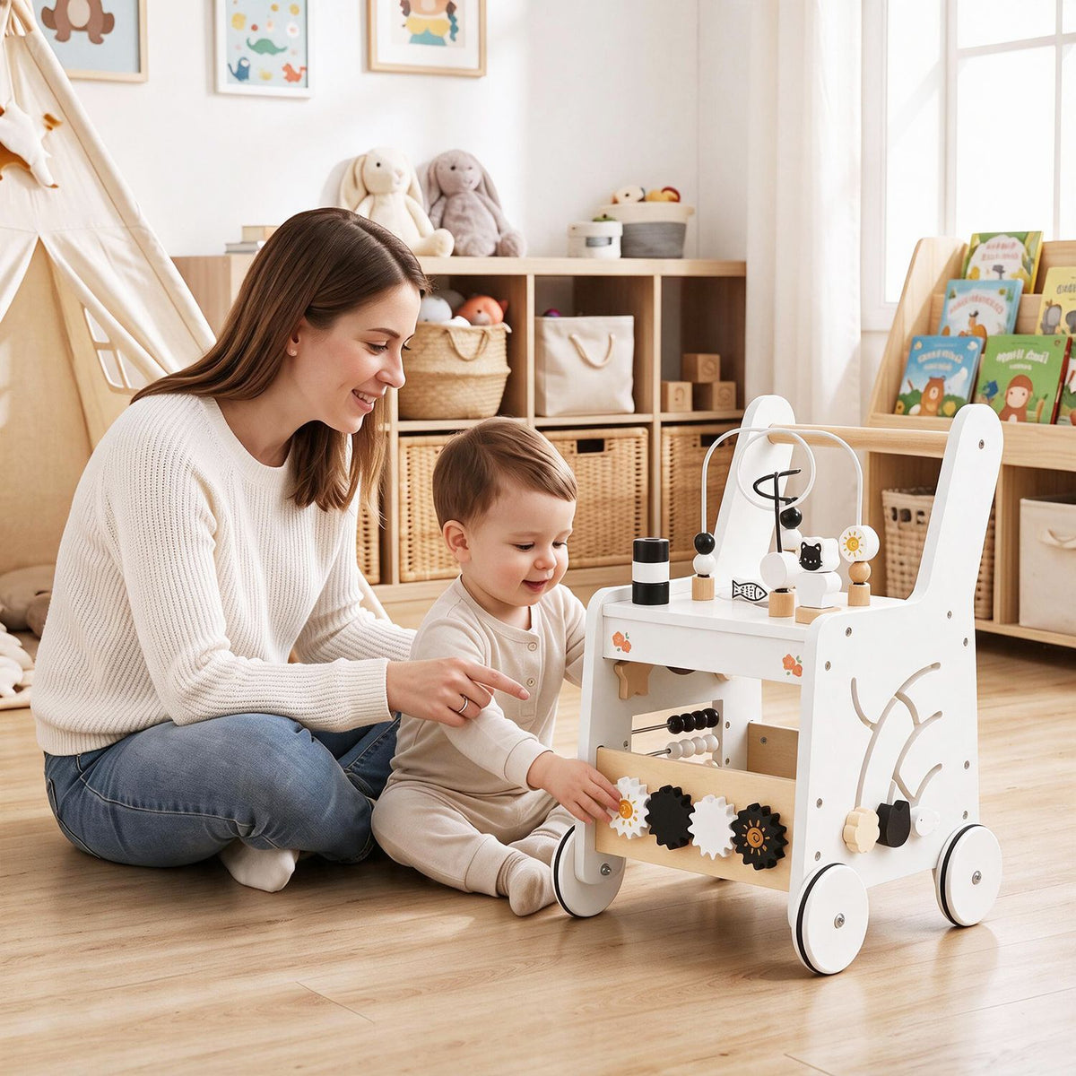 Montessori Push Walker for Boys Girls Learning to Walk with Sensory Hand-on Games