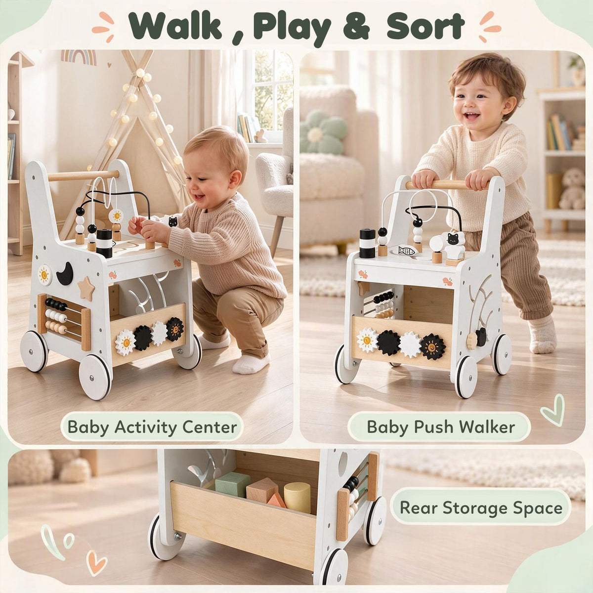 Montessori Push Walker for Boys Girls Learning to Walk with Sensory Hand-on Games