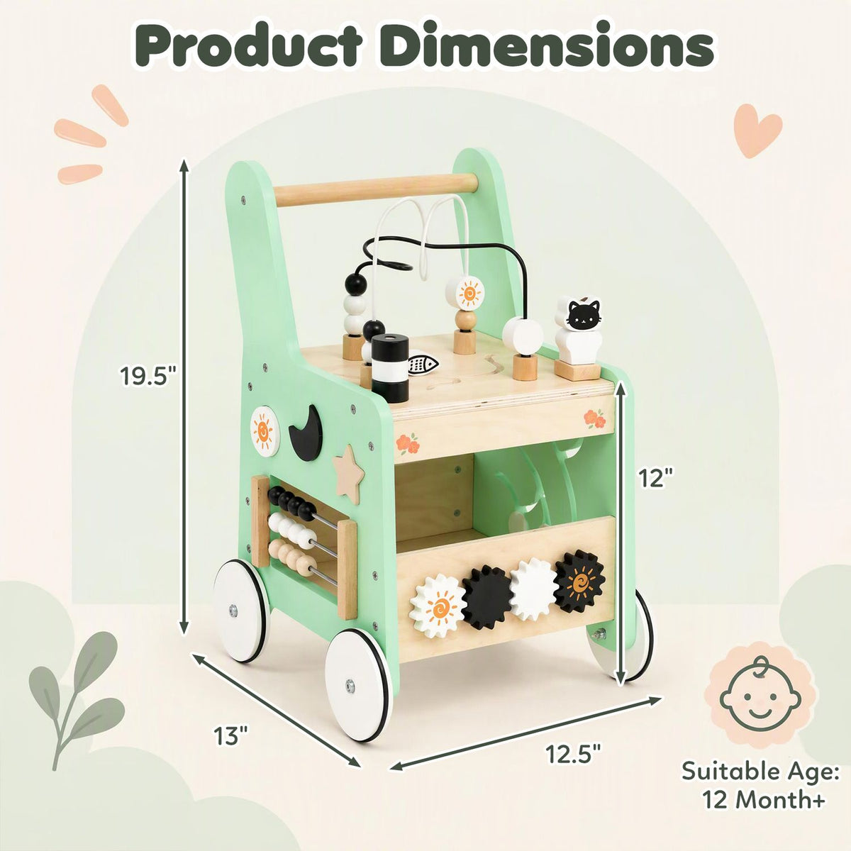 Montessori Push Walker for Boys Girls Learning to Walk with Sensory Hand-on Games
