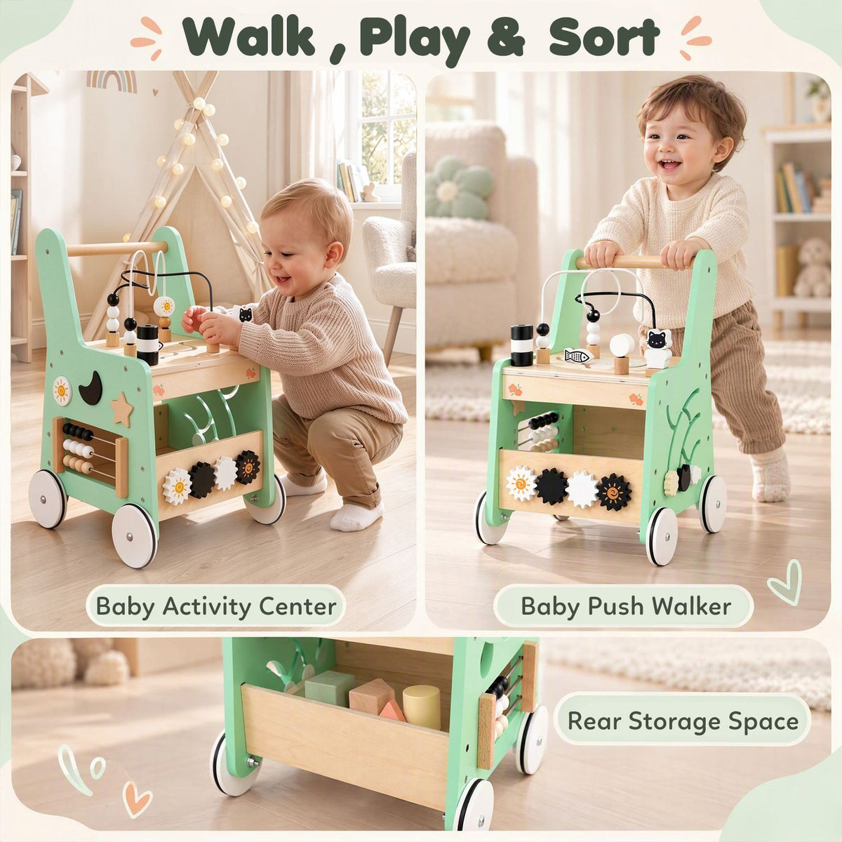 Montessori Push Walker for Boys Girls Learning to Walk with Sensory Hand-on Games