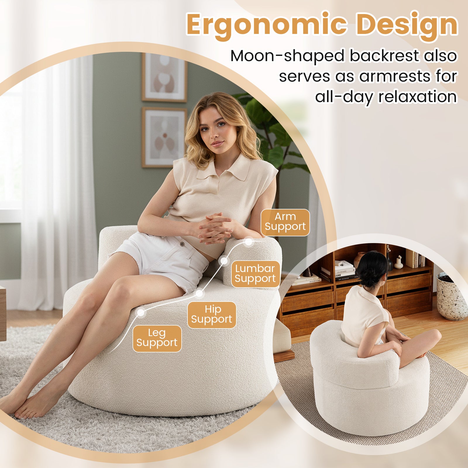 Moon-Shaped Floor Single Sofa Chair with Soft Teddy Fleece-Beige