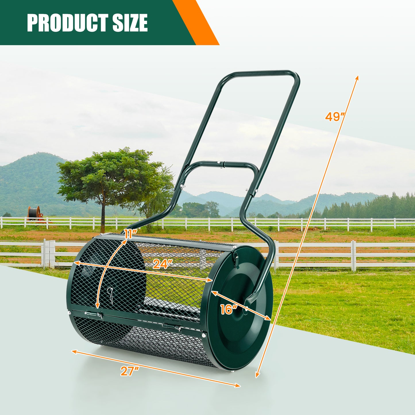 24 Inches Peat Moss Spreader with Upgrade Side Latches and U-shape Handle-Green - Green