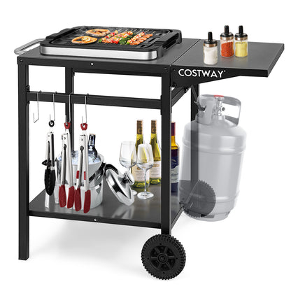 Movable Outdoor Grill Cart with Folding Tabletop and Hooks-Black