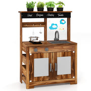 Mud Kitchen Fir Wood Play Kitchen with 4 Panting Pots Faucet Removable Sink-Natural