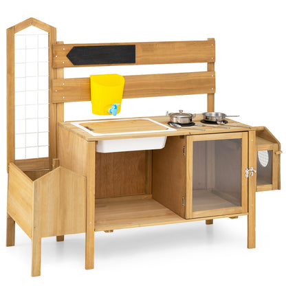 Wooden Mud Kitchen for Kids with Detachable Bird Cage