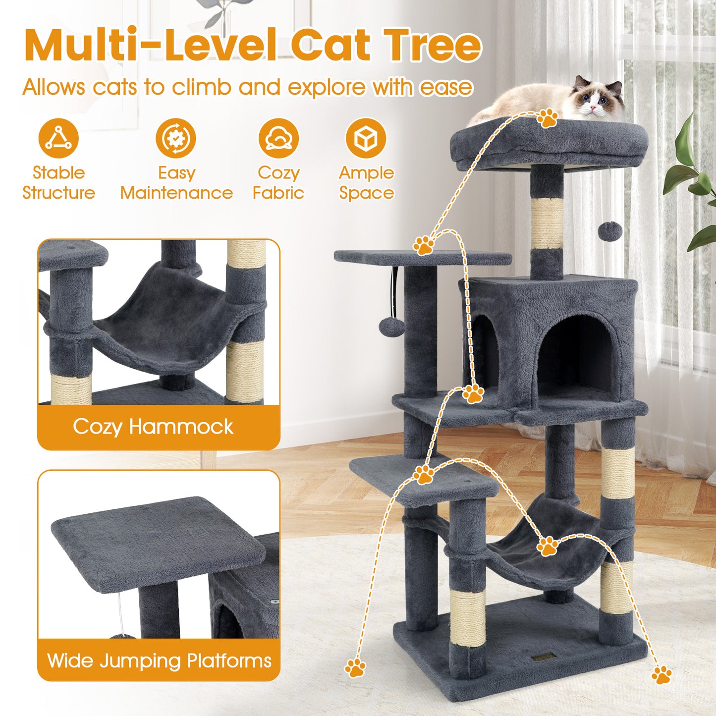 Multi-Level Cat Tower with 2-Door Condo and Padded Top Perch