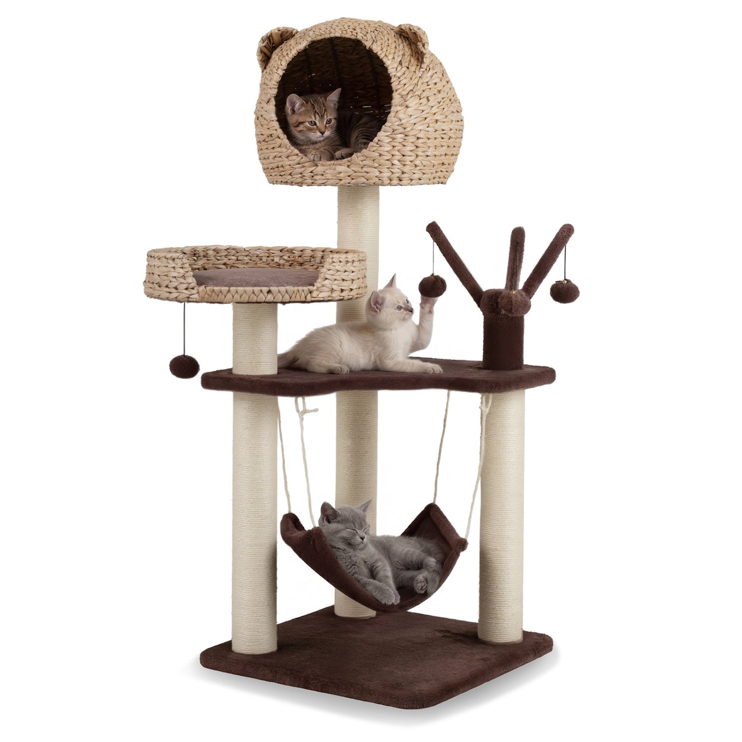 Multi-Level Cat Tree with Condo Hammock and Rotatable Hanging Balls-Brown - Brown
