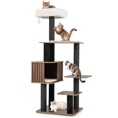 Multi-level Cat Tree for Indoor Cat 59.5 inch Tall Cat Tower with Cushion Top Perch-Brown