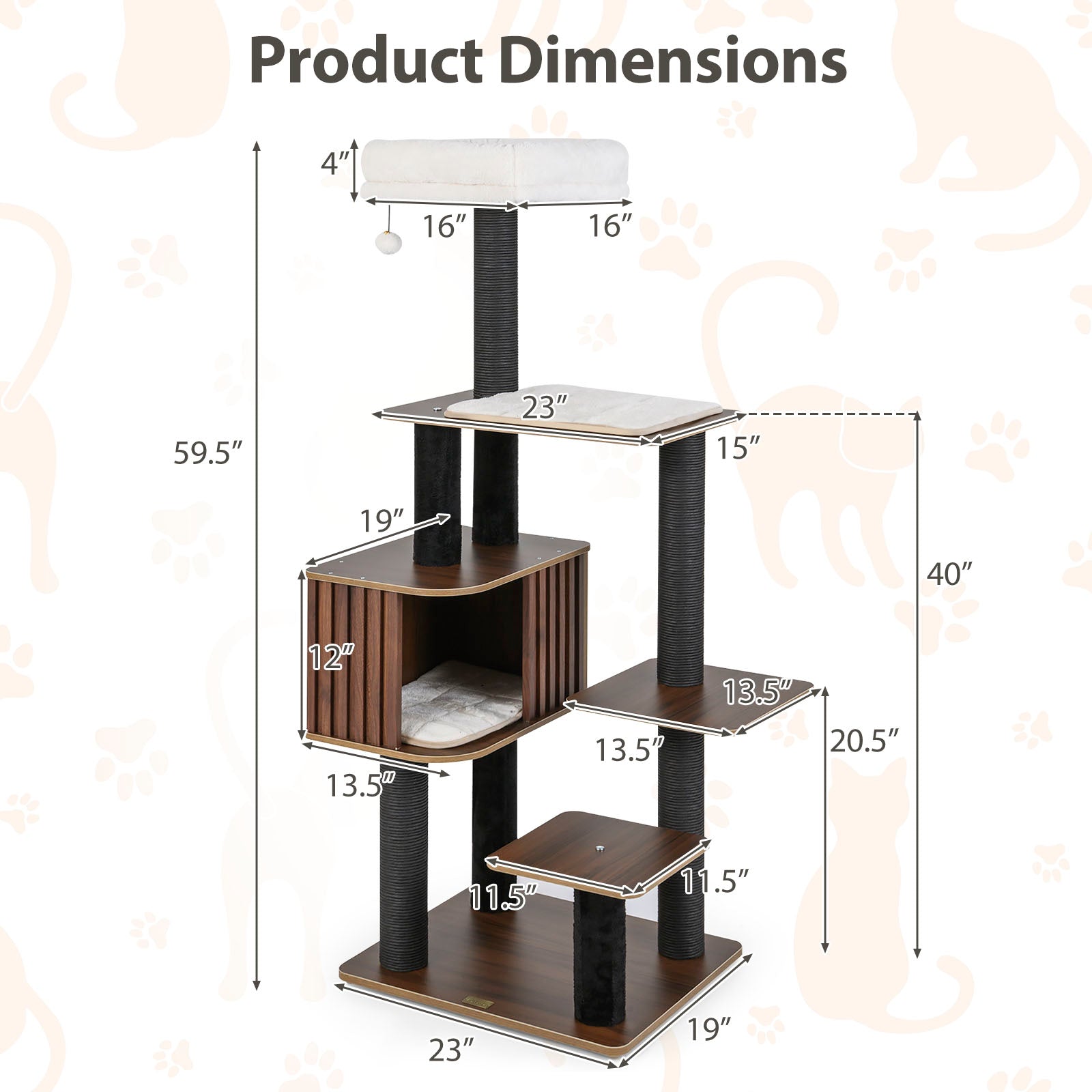 Multi-level Cat Tree for Indoor Cat 59.5 inch Tall Cat Tower with Cushion Top Perch-Brown