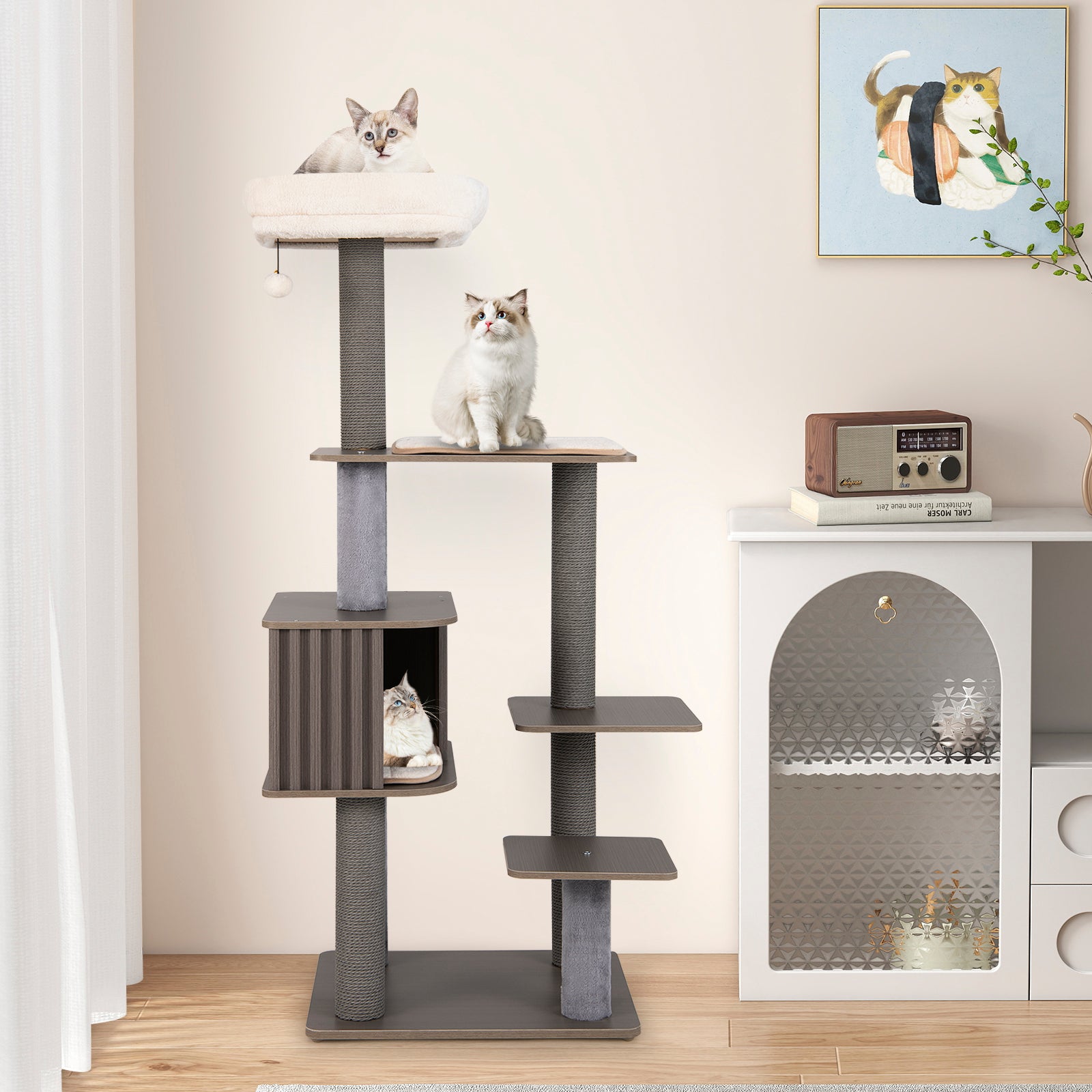 Multi-level Cat Tree for Indoor Cat 59.5 inch Tall Cat Tower with Cushion Top Perch-Gray