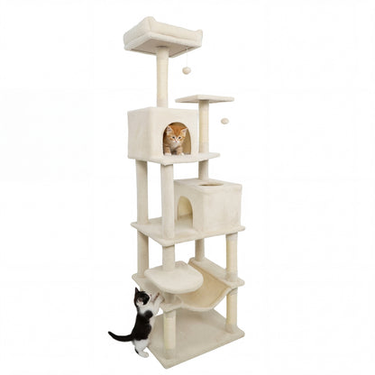 Multi-level Cat Tree Modern Cat Tower with Upholstered Perch and 2 Cat Condo