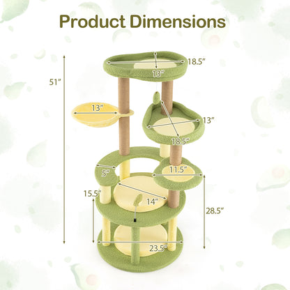 Multi-level Cat Tree Avocado Theme Cat Tower with Wide Perch Rotatable Basket-Green