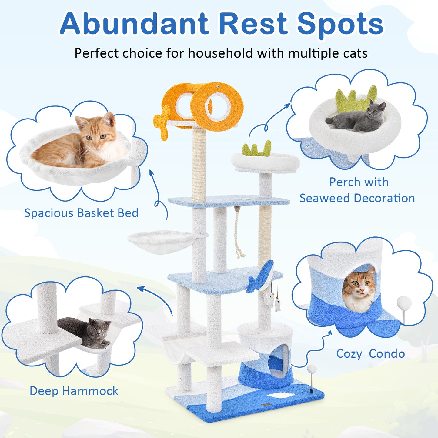 Multi-level Ocean-themed Cat Tree Tower with Sisal Covered Scratching Posts-Blue