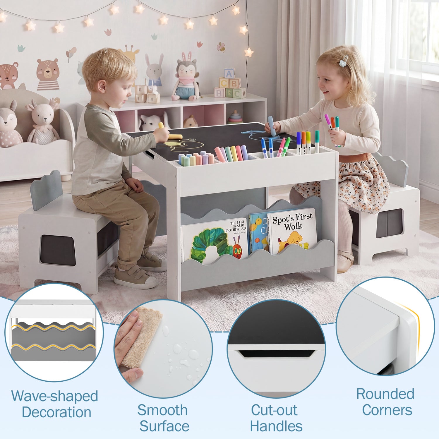 Multi-purpose Activity Kids Table and Chairs Set with Double-sided Tabletop
