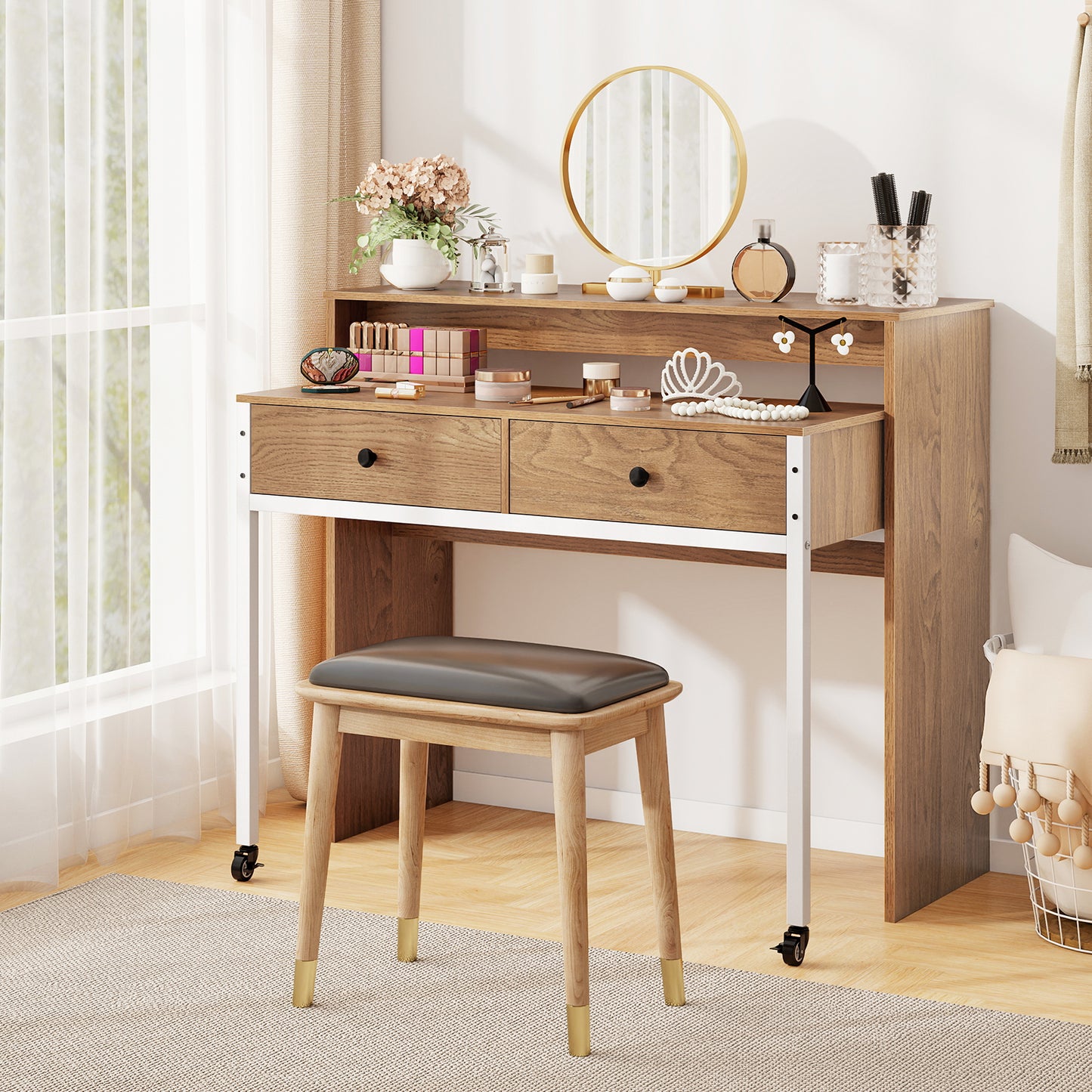 Extendable Computer Desk with Pull Out Secondary Desk-Natural