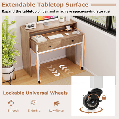Extendable Computer Desk with Pull Out Secondary Desk-Natural
