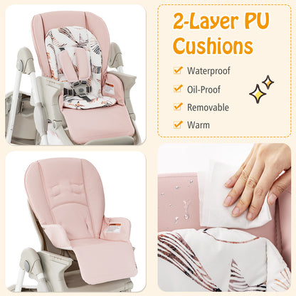 Multifunctional Folding Baby High Chair with Rolling Wheels and Adjustable Height-Pink