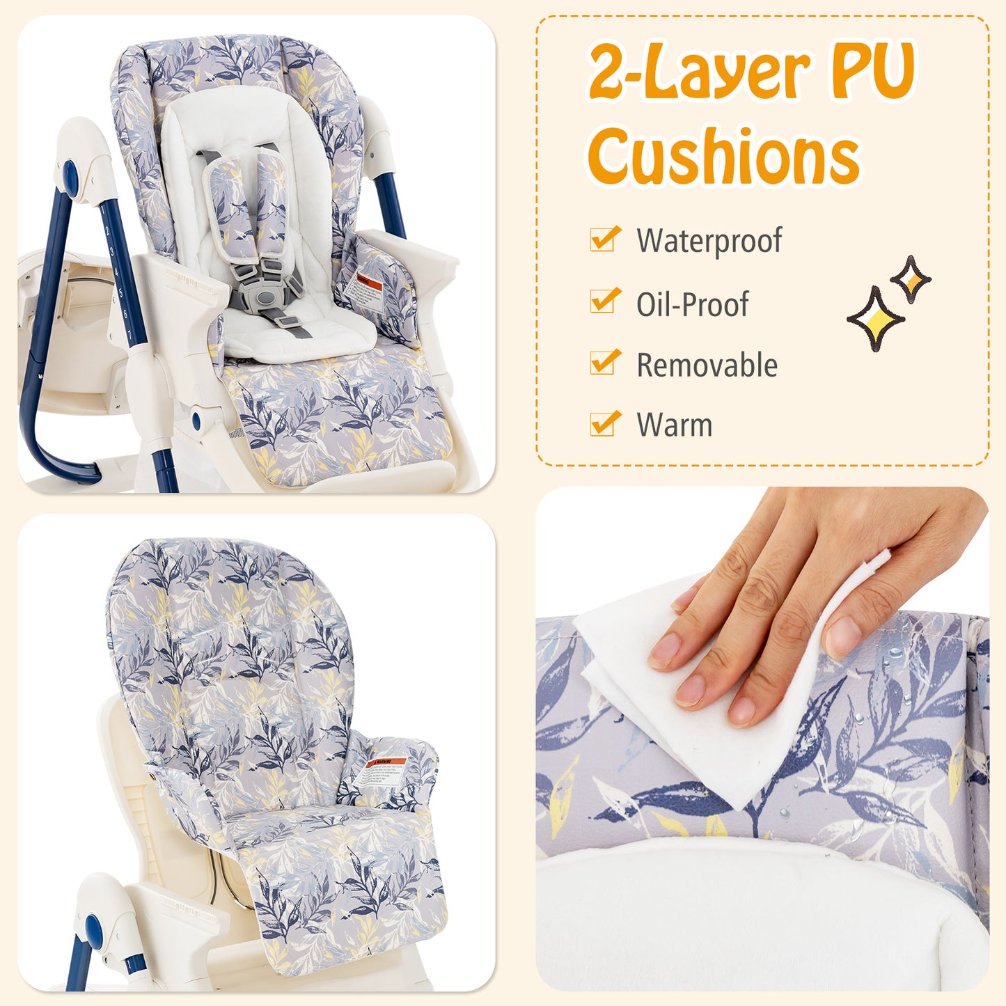 Multifunctional Folding Baby High Chair with Rolling Wheels and Adjustable Height-Navy