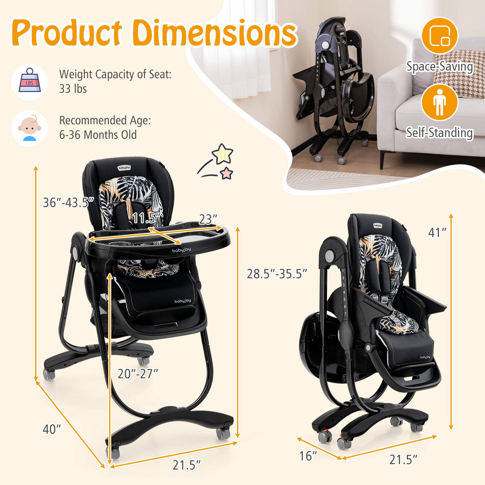 Multifunctional Folding Baby High Chair with Rolling Wheels and Adjustable Height-Black