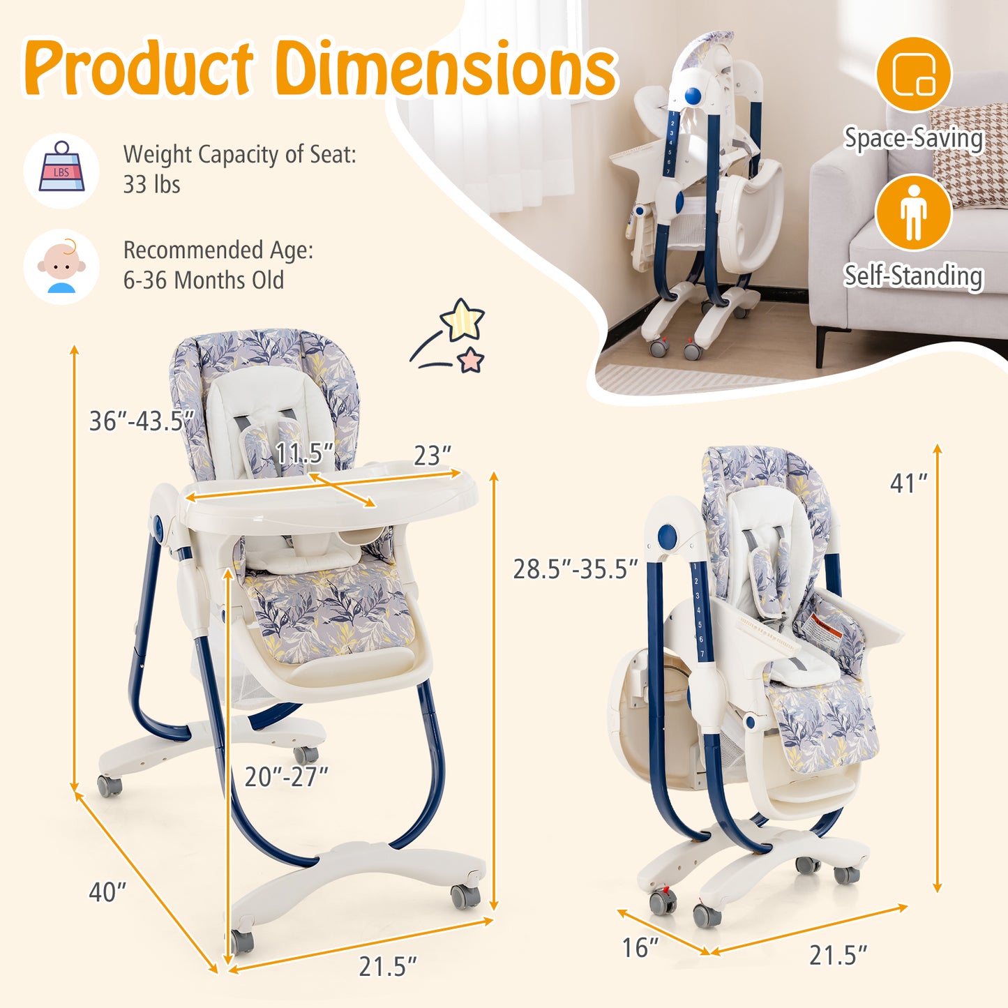 Multifunctional Folding Baby High Chair with Rolling Wheels and Adjustable Height-Navy