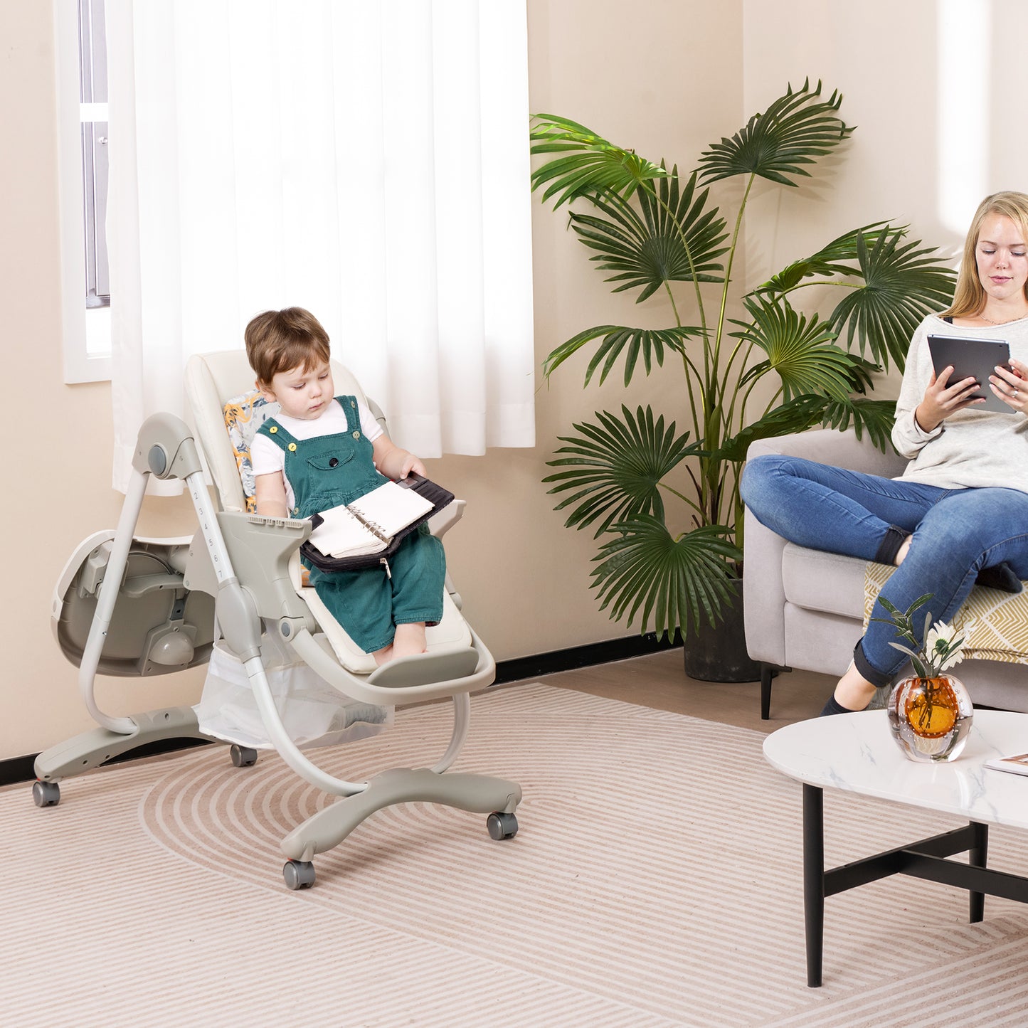 Multifunctional Folding Baby High Chair with Rolling Wheels and Adjustable Height-White