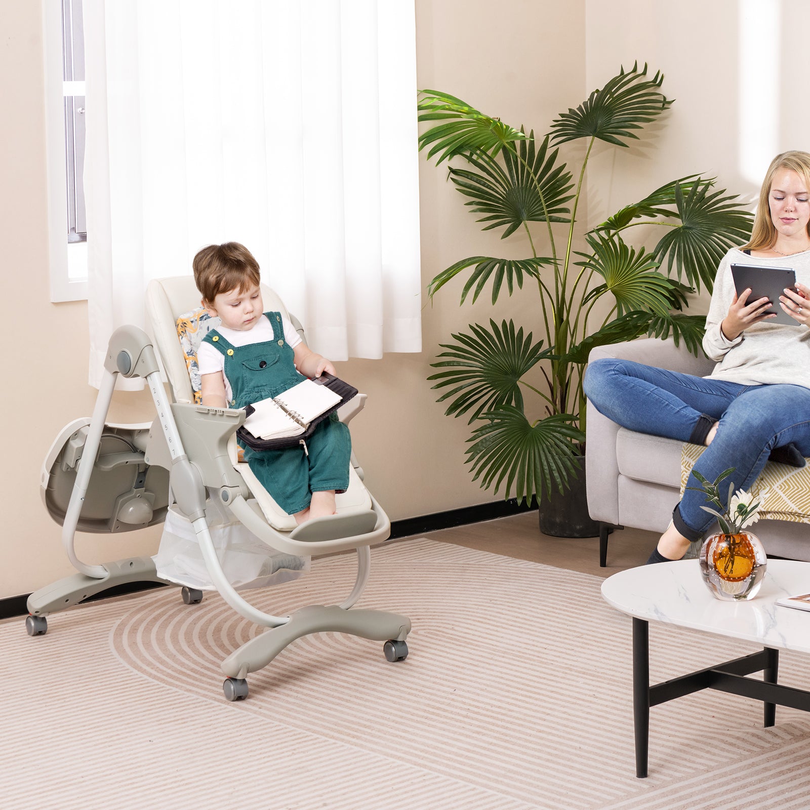 Multifunctional Folding Baby High Chair with Rolling Wheels and Adjustable Height-White