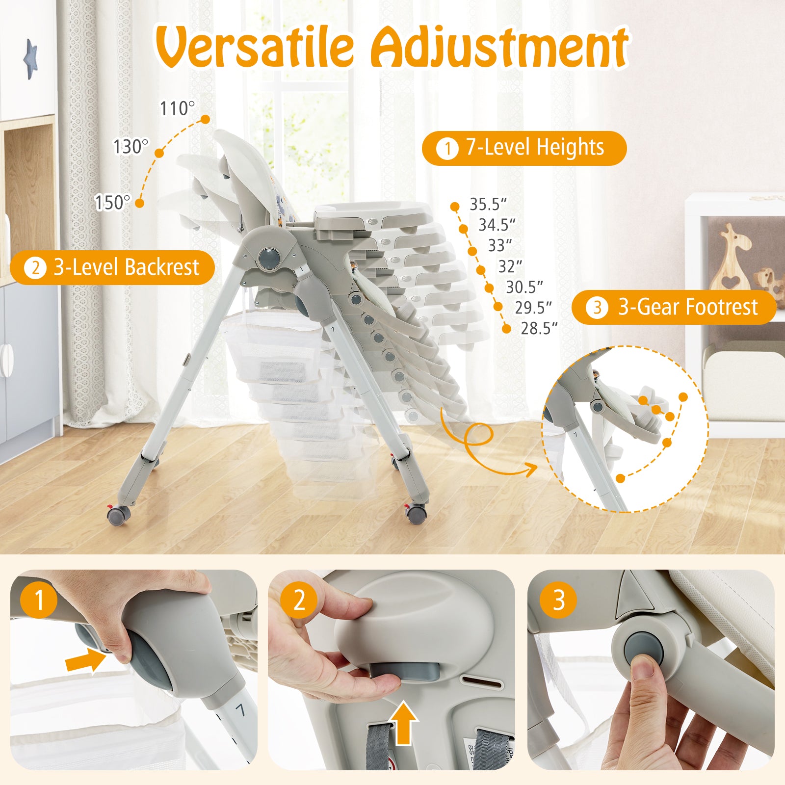 Multifunctional Folding Baby High Chair with Rolling Wheels and Adjustable Height-White