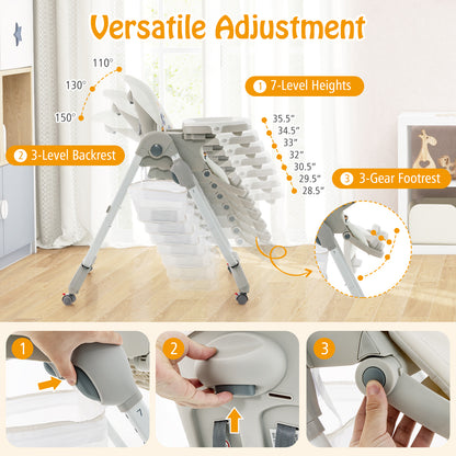 Multifunctional Folding Baby High Chair with Rolling Wheels and Adjustable Height-White