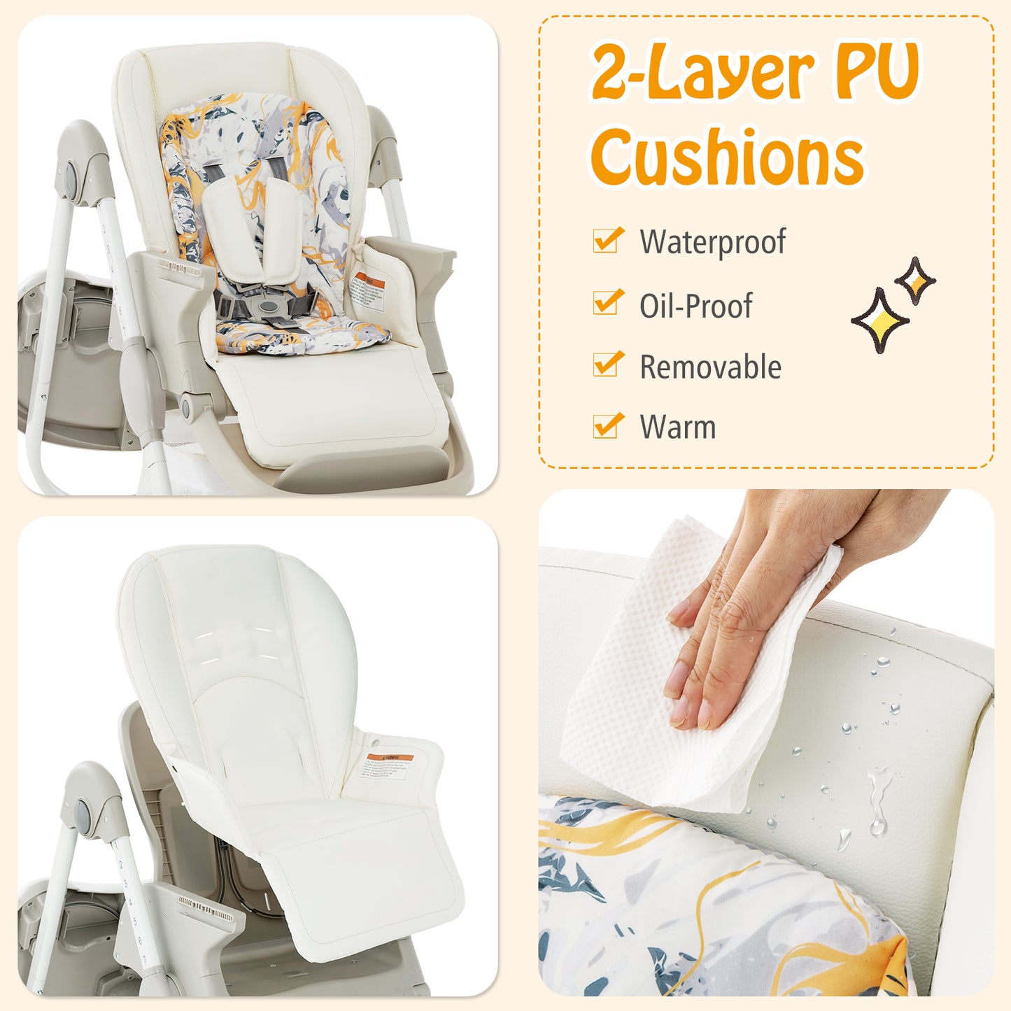 Multifunctional Folding Baby High Chair with Rolling Wheels and Adjustable Height-White
