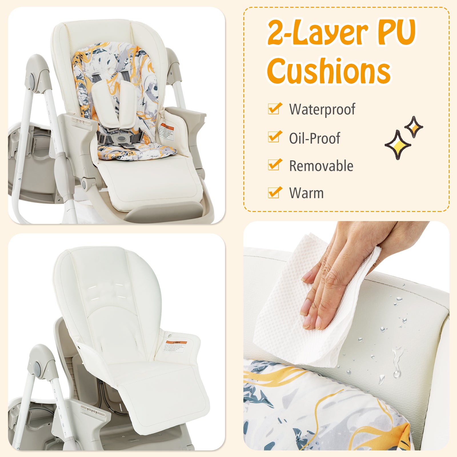 Multifunctional Folding Baby High Chair with Rolling Wheels and Adjustable Height-White