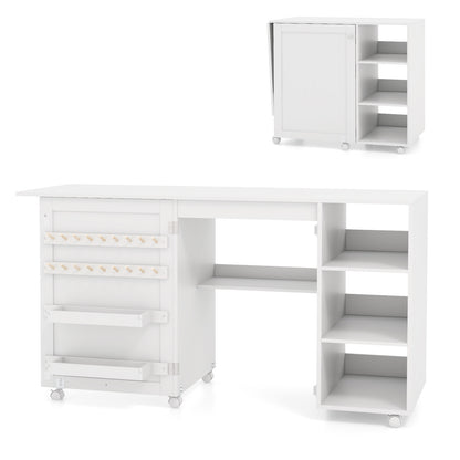 Multifunctional Folding Sewing Machine Craft Station with Storage Shelves-White