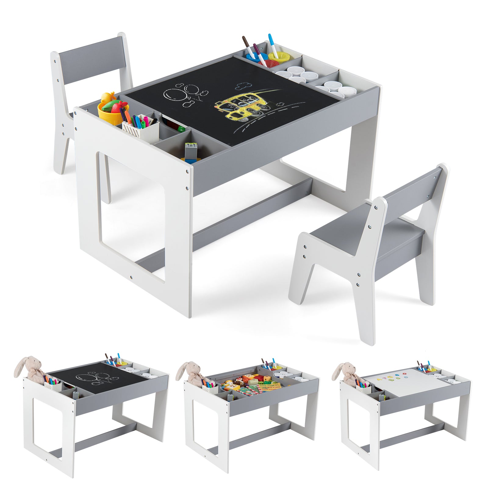 Multifunctional Kids Table and 2 Chairs Set with Chalkboard-Gray