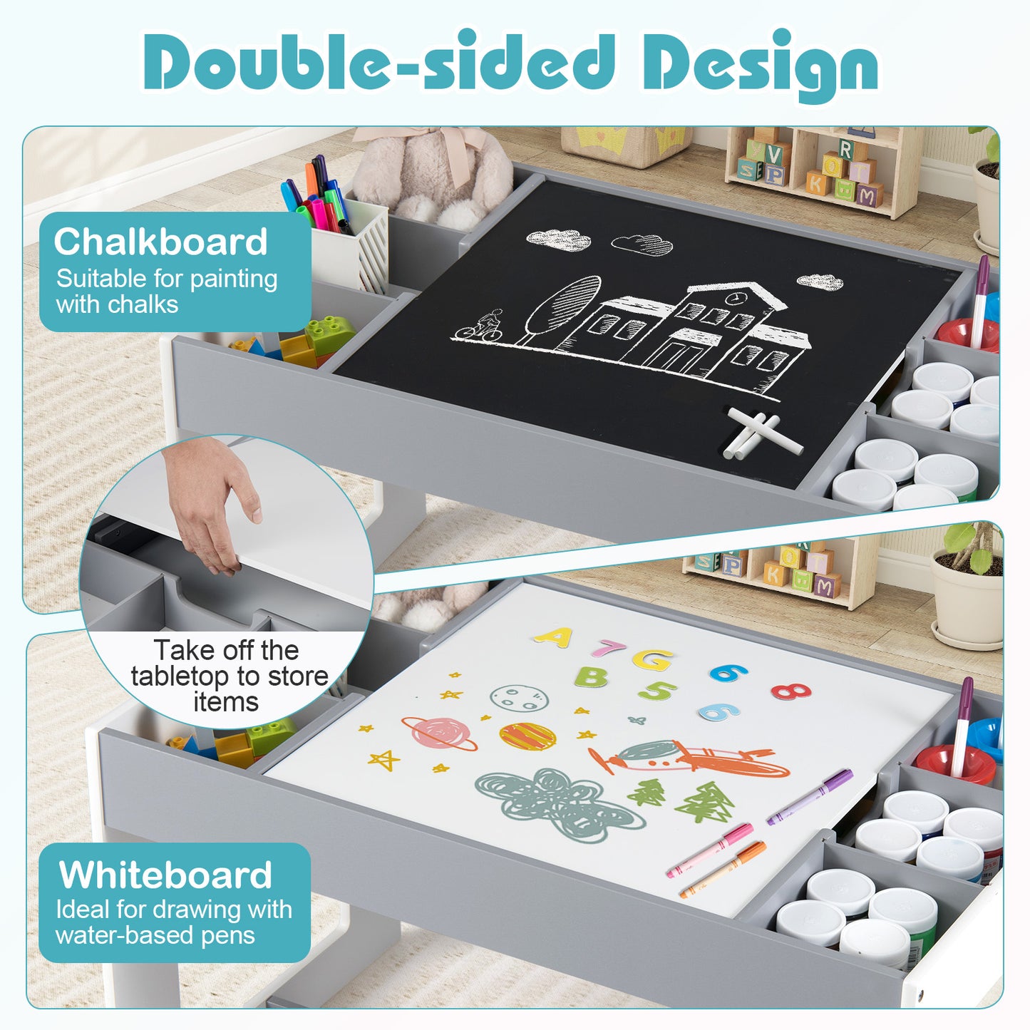 Multifunctional Kids Table and 2 Chairs Set with Chalkboard-Gray