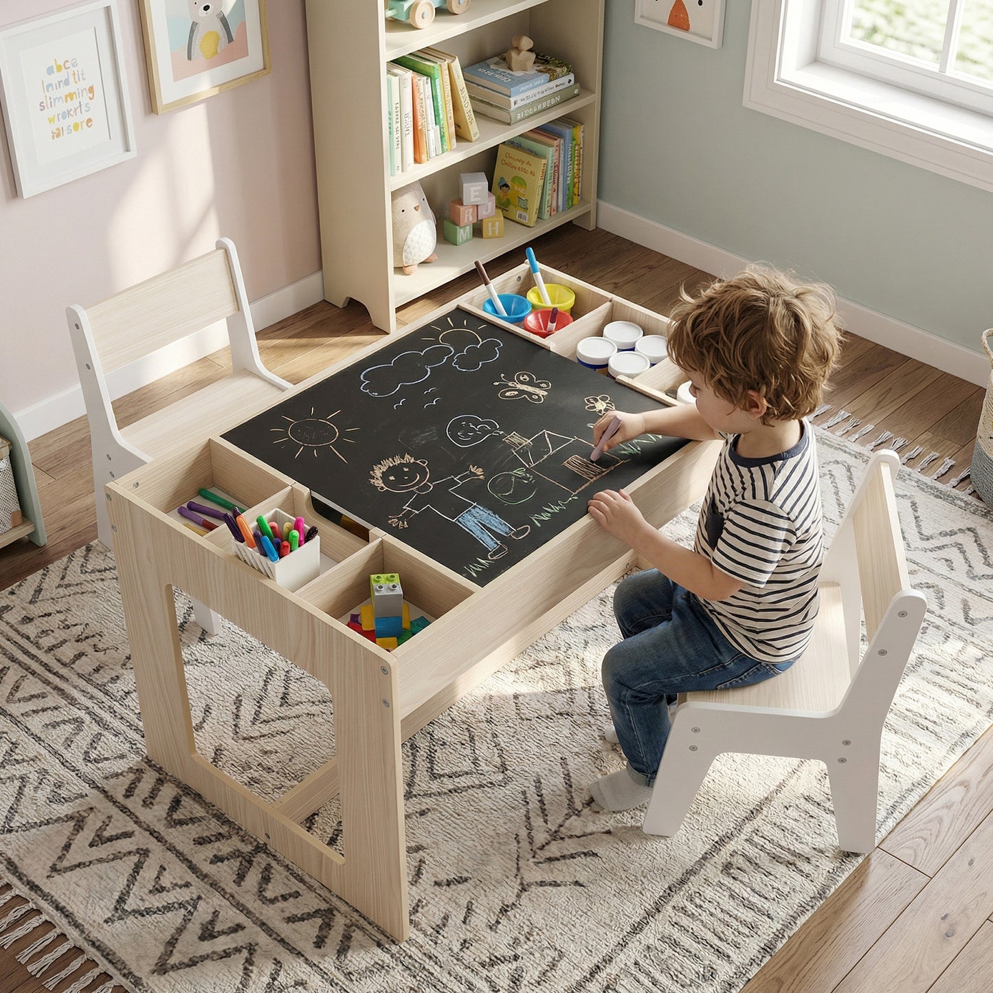 Multifunctional Kids Table and 2 Chairs Set with Chalkboard-Natural