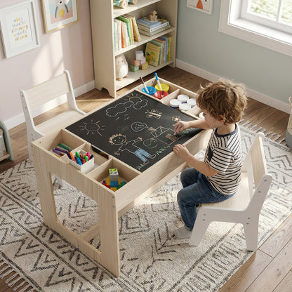 Multifunctional Kids Table and 2 Chairs Set with Chalkboard-Natural