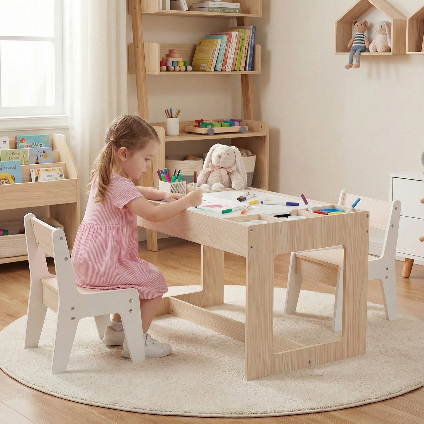Multifunctional Kids Table and 2 Chairs Set with Chalkboard-Natural