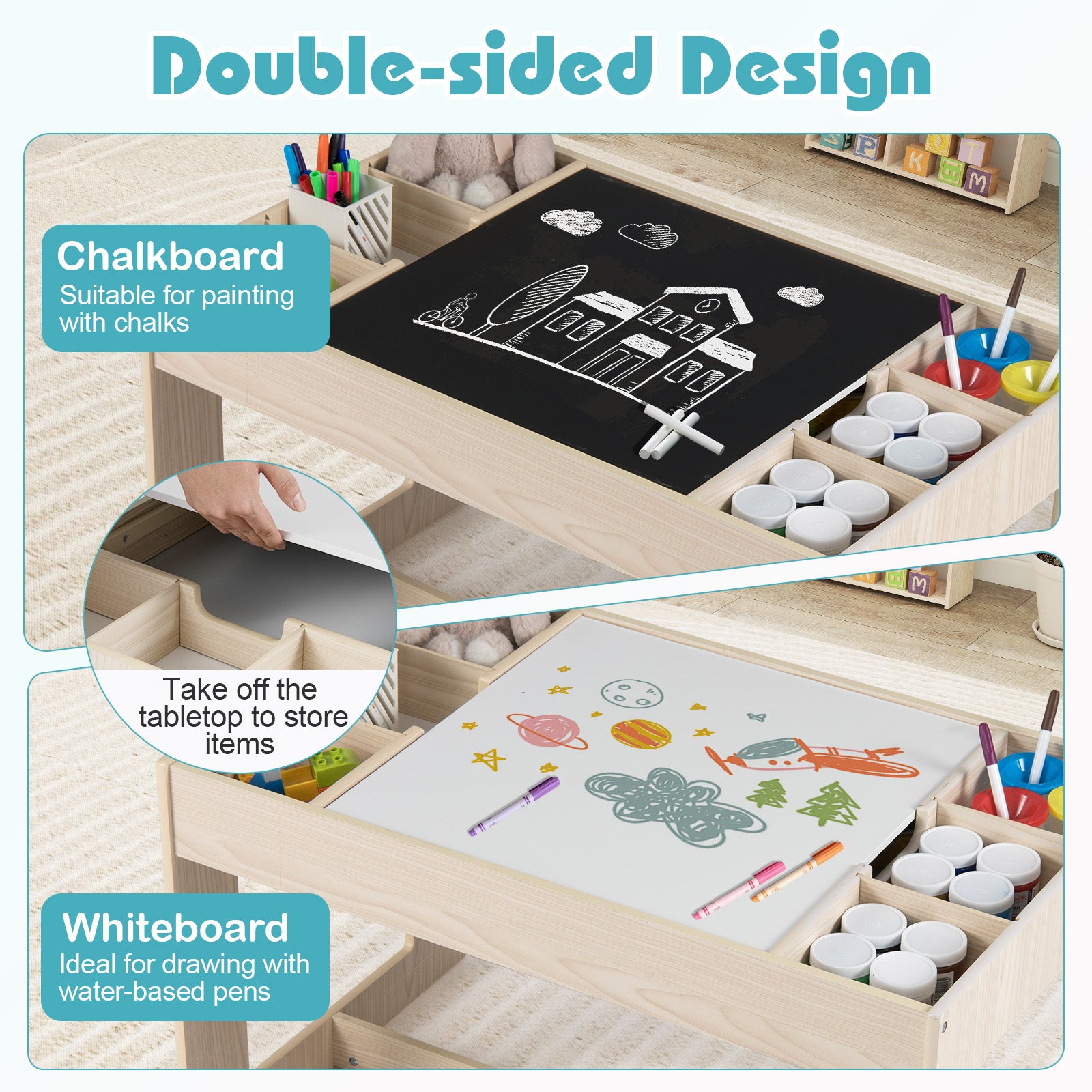 Multifunctional Kids Table and 2 Chairs Set with Chalkboard-Natural