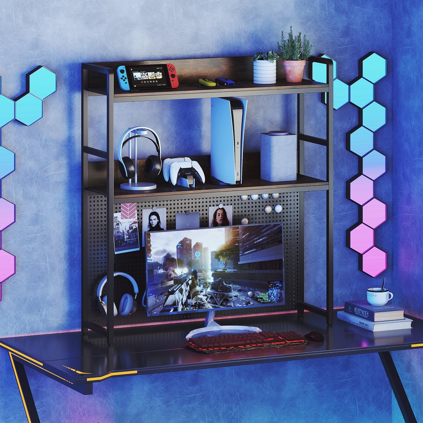 Multipurpose 2-Tier Desktop Bookshelf with Pegboard for up to 32 Inch Computer Monitor-Rustic Brown