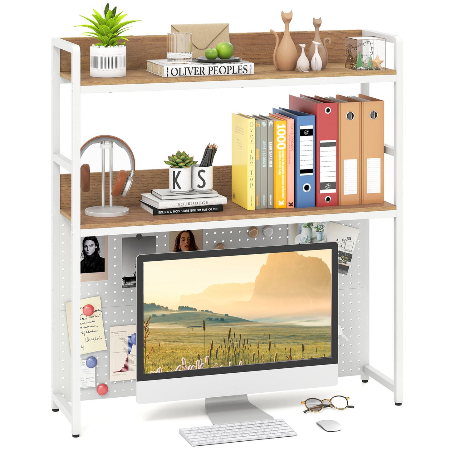 Multipurpose 2-Tier Desktop Bookshelf with Pegboard for up to 32 Inch Computer Monitor-Rustic Brown - Natural