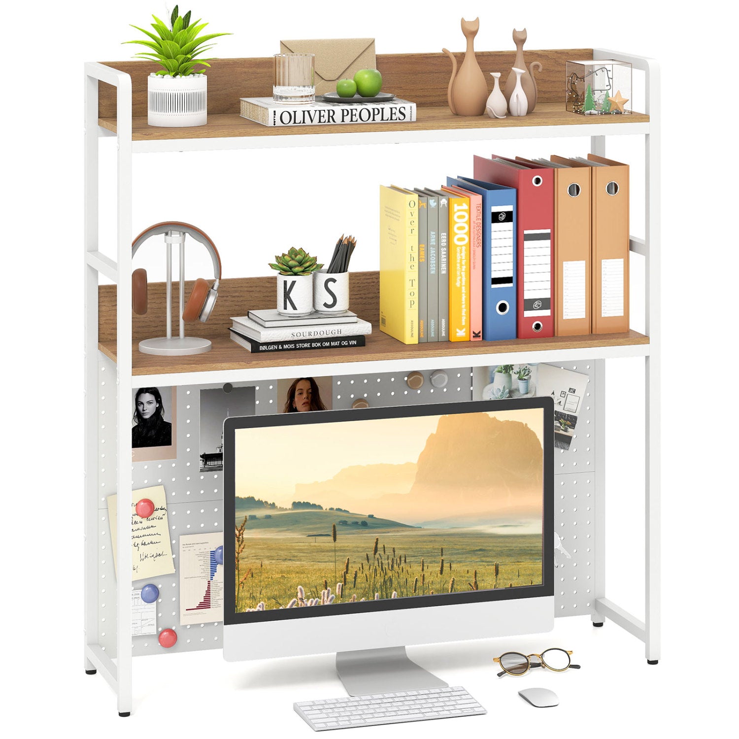 Multipurpose 2-Tier Desktop Bookshelf with Pegboard for up to 32 Inch Computer Monitor-Rustic Brown - Natural